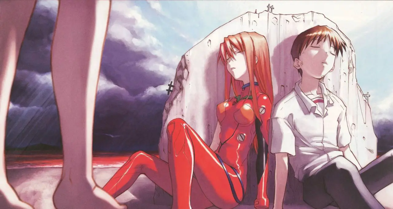 Shinji sitting by the stove with Asuka