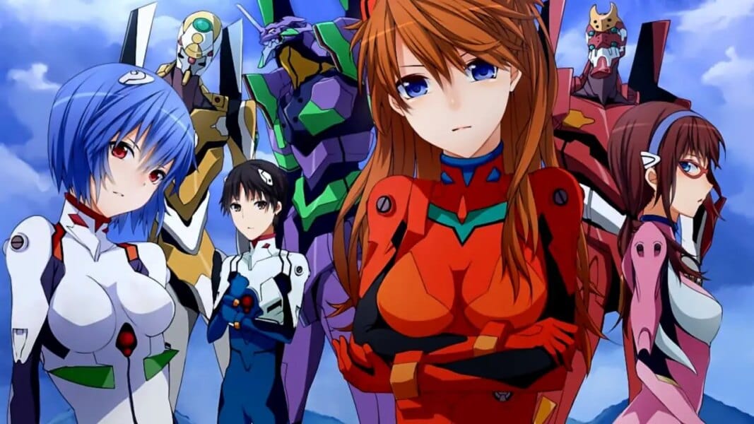 The main characters of Evangelion on the background of furs